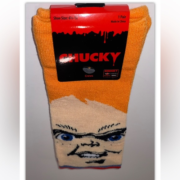 Chucky Crew Socks 1 Pair Men 6.5-12 Orange Blue Childs Play Horror Good Guy Doll - Picture 9 of 9